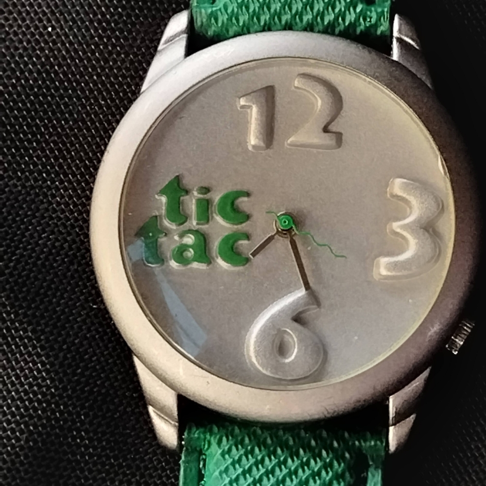 Vintage Collectible Tic Tac Silver Watch w/ Green Band